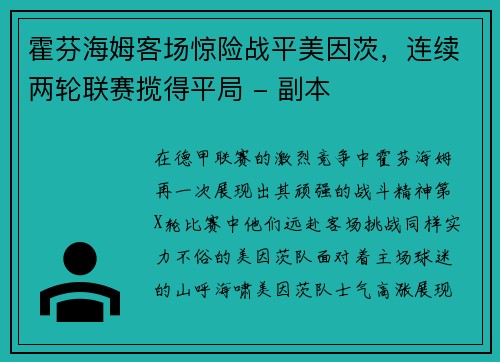 霍芬海姆客场惊险战平美因茨，连续两轮联赛揽得平局 - 副本