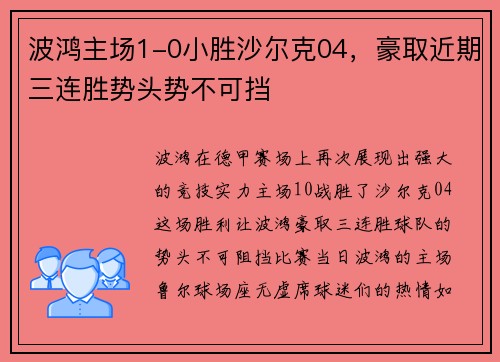 波鸿主场1-0小胜沙尔克04，豪取近期三连胜势头势不可挡