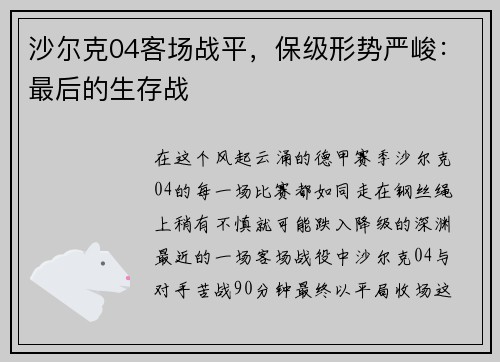 沙尔克04客场战平，保级形势严峻：最后的生存战