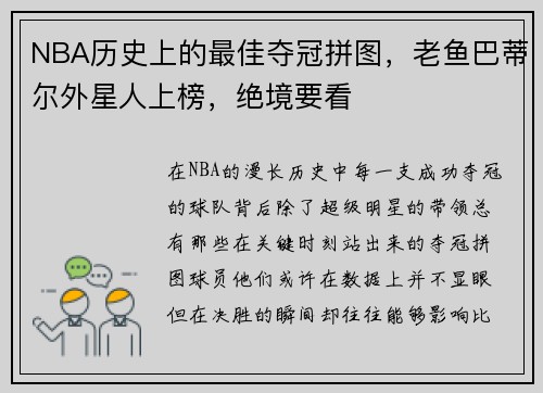 NBA历史上的最佳夺冠拼图，老鱼巴蒂尔外星人上榜，绝境要看