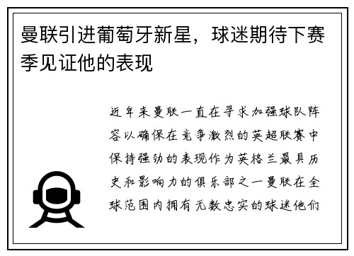 曼联引进葡萄牙新星，球迷期待下赛季见证他的表现