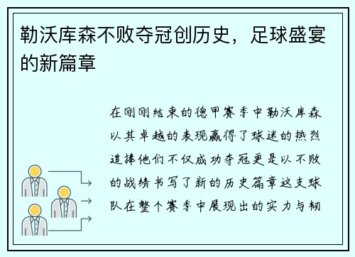 勒沃库森不败夺冠创历史，足球盛宴的新篇章