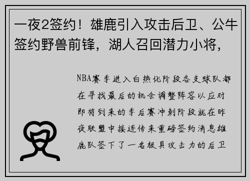 一夜2签约！雄鹿引入攻击后卫、公牛签约野兽前锋，湖人召回潜力小将，三队再现转折