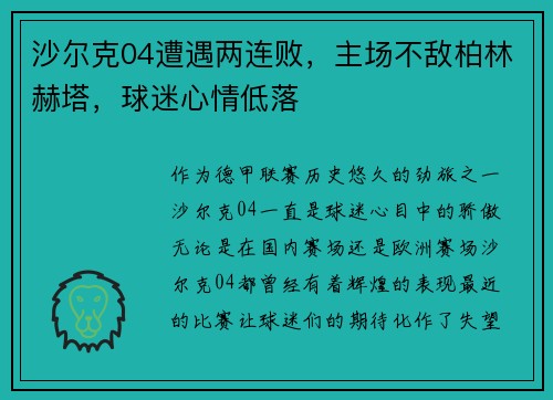 沙尔克04遭遇两连败，主场不敌柏林赫塔，球迷心情低落