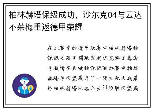 柏林赫塔保级成功，沙尔克04与云达不莱梅重返德甲荣耀